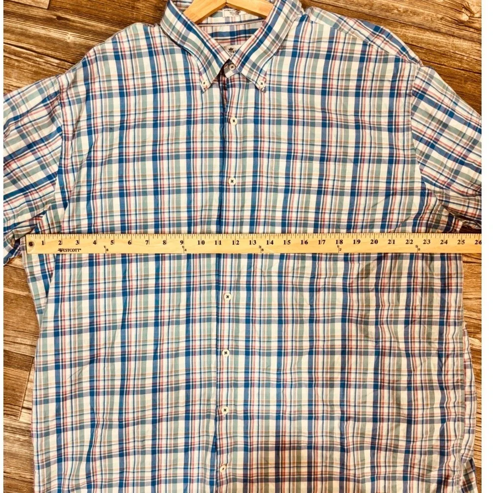 Peter‎ Millar Mens XXL Short Sleeve Button Down Shirt Blue Pink Plaid Cotton